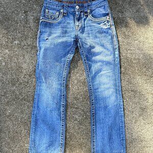 VTG Rock Revival distressed wide leg blue jeans